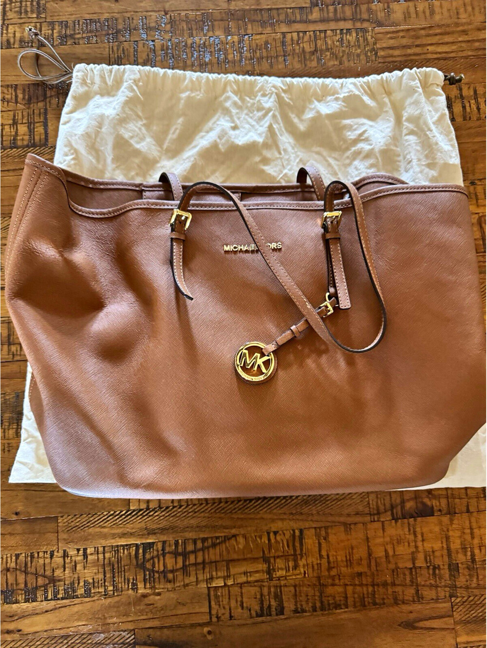 Michael Kors Brown Large Tote Gold Hardware Open Top Inner Pockets Dust Bag